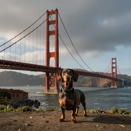 “ a wiener dog in front of the Golden Gate Bridge by Raymond Swanland”