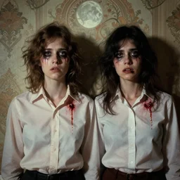 two beautiful but horrifying young nonbinary people wearing oxford button down shirts in layers of fear, with haunted eyes and wild hair, 1 9 7 0 s, seventies, wallpaper, a little blood, moonlight showing injuries, delicate embellishments, painterly, offset printing technique, by brom, robert henri, walter popp