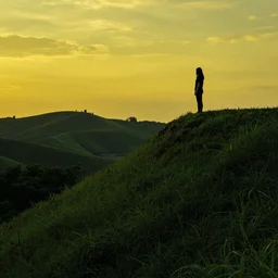 woman in silhouette standing atop a hillside, yellow sky, green hills, trees, hinterland, artistic, intense, spooky