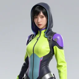 a highly detailed portrait of a futuristic female assassin, neon colored suit, beautiful detail and color, art by john collier and albert aublet and krenz cushart and artem demura and alphonse mucha, volumetric lighting, octane render, 4 k resolution, matte, sharp focus, illustration, art by jacque - louis david, baroque style