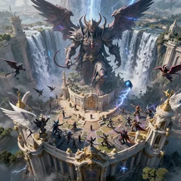 bird's eye view from a tower, epic war between demons and angels, gigantic cosmic lord, baroque architecture, massive waterfall, lightning, fire, detailed, vivid colors, god rays, masterpiece painting, octane render, volumetric lighting, cinematic, by gustave dore, by michelangelo, by peter mohrbacher