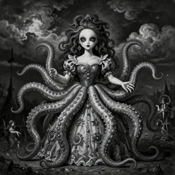 By Tom Bagshaw, ultra realist soft painting of a curiosities carnival by night, beautiful dark eyed evil porcelain doll in full multiples tentacles dress, symmetry accurate features, very intricate details, omnious sky, black and white, volumetric light clouds