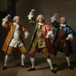 A 17th century Baroque Painting of the Founding Fathers doing Fortnite dances grainy, realistic, hyperrealistic, very realistic, very very realistic, highly detailed, very detailed, extremely detailed, detailed, digital art, trending on artstation, detailed faces, very detailed faces, very detailed faces, realism, HD Quality, 8k resolution, intricate details, painting, oil painting, trending on deviantart, Baroque Painting