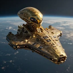 an enormous alien space ship flying towards earth. menacing, dangerous. dark. depressing. insane intricate detail. sophisticated composition. feature shot. high fidelity. ultra hd. 8 k. gold