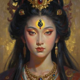 portrait of a asura kirara as a goddess, face with the third eye, third eye on her forehead, atmospheric lighting, painted, intricate, volumetric lighting, beautiful, rich deep colours masterpiece, golden hour, sharp focus, ultra detailed, by Leesha Hannigan, Ross Tran, Thierry Doizon, Kai Carpenter, Ignacio Fernández Ríos