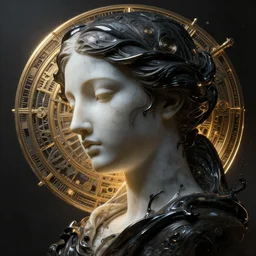 epic illustration, abstract sculpture of beautiful female face silhouette and black swirling liquifying acrylic portrait, volumetric light, highly detailed, mechanical superstructure, sacred geometry, glowing edges, sad, hurt, beautiful light, statue of carving marble, dark colors, dark mood, one point light, golden spirals, clockwork, epic matte painting, concept art, art by camille corot, zeng fanzhi