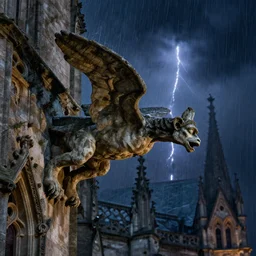 gargoyle on a gothic church at night in a thunderstorm, dramatic lighting