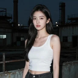 a beautiful young asian woman in abandoned industrial city at night, dark moody lighting, by jeremy mann and alphonse mucha, dramatic lighting, ethereal, stunning, breathtaking, awe - inspiring award - winning, 8 k, unreal engine