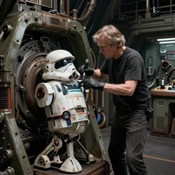 film still from star wars, android working in a dimly lit industrial junk engine room. interior set design photograph by denis villeneuve 2 0 4 9 - w 7 0 4