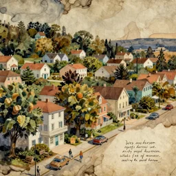 an elaborate painting of a peaceful neighborhood, detailed, made of alcohol ink on parchment and penned illustrations, by wes anderson and geoff darrow