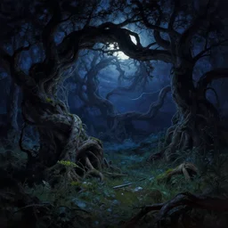 twisted night landscape, magical realism, storybook realism, fantasy, by eyvind earle