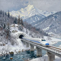 shinkansen on a bridge over a river, about to enter a tunnel in a mountainous landscape of snow capped peaks and it is currently snowing, painting by claude monet