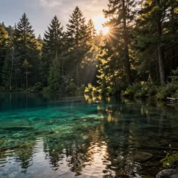 a lake with clear water in a beautiful forest at sunset, backlighted, professional photo