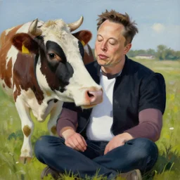 this is a painting with the theme elon musk and cow inner peace on the artstation trending page of year 2 2 2 2