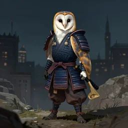 a full body shot of a Barn owl samurai by Brahm Revel,colored by Ronda Pattison,city in the background,dark colors,detailed,artstation