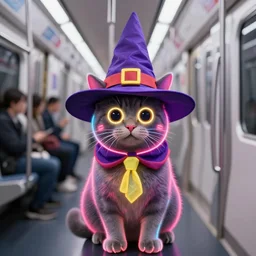 realistic neon cat wearing a large wizard hat in a city while commuting to work on the subway