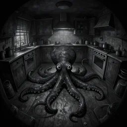 dark palette emo black, fisheye, naive, extra narrow, detailed illustration of an unlit kitchen, large floor, octopus shaped by rhads jeremy geddes from lorax movie