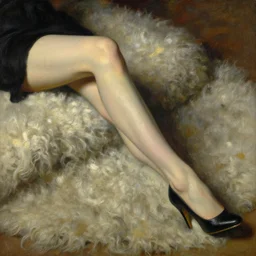 a beautiful painting of a thin girls legs. she is wearing high heels and her legs are lying away from the camera. she is lying on a deep sheep wool rug. in style of ilya repin