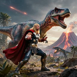 thor try to stop meteor for saving dinosaur at mesozoic era theme, high detailed, ultra realistic, cinematic, volcanic background