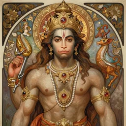 a fully dressed!!! portrait of beautiful ornated hanuman!!!! god with flowing medium hair, soft facial features, kind appearence, digital art by alphonse mucha, inspired by krishen khanna and madhvi parekh, symmetrical body, artgerm, portrait, muted color scheme, highly detailed, outrun art style