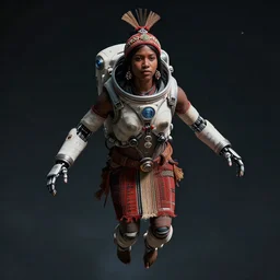 beautiful futuristic himba woman wearing otjize and a spacesuit, robotic arms, weightless in space, hyperrealistic, scifi, concept art, digital art, portrait, dark, muted colors