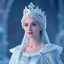 photograph of a real-life beautiful ice queen with intricate crown and cloak.  Extremely detailed. 8k