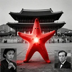 light coming out of one starfish - like kaiju anthropomorphic monster, korean film noir, korean traditional palace, pyongyang city, 1 9 6 0 s, red color bleed, 4 k, video compression, video glitch, monochrome, akira kurosawa, mamoru oshii, wes anderson, stanley kubrick