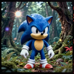 ektachrome medium format provia film still of a sonic the hedgehog blue forest creature with fangs and claws, warped VHS, anomorphic lens flare, creepypasta, 1986