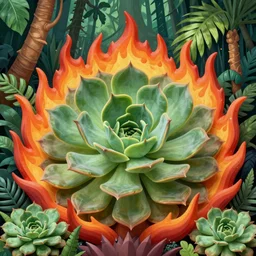 radiating 🏖️ fire ornate amazon rain forest succularium pastiche by Dan Mumford and by Michael Whelan, Precise and Intricate Linework, Art Nouveau Cosmic 4k spray painted graffiti trending on IllustrationX ,CGSociety, Carmine and Raw umber color scheme
