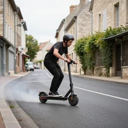 a guy doing a burnout on an electric scooter in the streets of Vichy