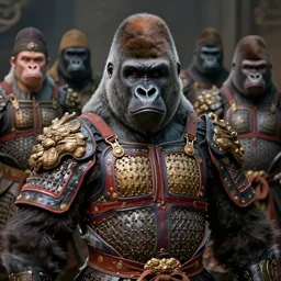 stunning gorillas warrior portrait, full traditional chinese armor, art by artgerm, wlop, loish, ilya kuvshinov, tony sandoval. 8 k realistic, hyperdetailed, beautiful lighting, detailed background, depth of field, symmetrical face