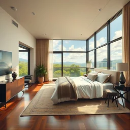 beautiful condo with large bedroom and a balcony, gorgeous nature background, realistic oil on canvas, by david narmal