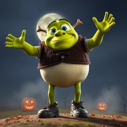 giant floating mike wazowski goes as shrek for halloween.