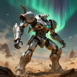 robot mech fighting hard in the battlefield in a desert storm, volumetric lighting, mar planet, epic scene, futuristic, arcane style, intricate, highly detailed, digital painting, artstation, concept art, cinematic, smooth, sharp focus, illustration, aurora borealis, unreal engine 5, 8 k, art by artgerm and greg rutkowski and alphonse mucha