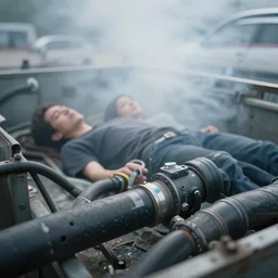 after a car accident, in the smoke, a man and a woman lying in the metal and connected to large black pipes, depth field, blur