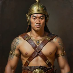 smart tai warlord, closeup portrait, historical hero, ethnic group, sukhothai costume, bronze headset, intricate, with leather armor cross on bare chest, tai body tattoo, elegant, loin cloth, highly detailed, oil painting, artstation, concept art, matte, sharp focus, illustration, hearthstone, art by earl norem