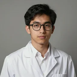 a beautiful portrait artwork of a young male scientist with black hair and glasses and white shirt by Jerome Opeña, rim light, rembrandt lighting, featured on artstation