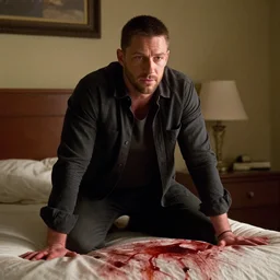 film still of Tom Hardy as Max Payne in bedroom with a bed covered in blood in the Max Payne movie, 4k