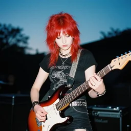 high quality photo of a redhead punk girl playing electric guitar at dusk, Agfa Vista 800 film, Leica M9