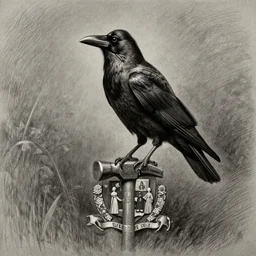 a crow perched on a hammer, centered on family crest, coat of arms, very detailed, charcoal portrait, full frame, dramatic shading, jonathan pointer, janie penny,