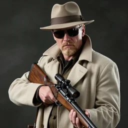 blonde Viktor Reznov from Call of Duty: World at War with a beige coat, a blonde goatee, short hair, beige fedora, and sunglasses, holding a wooden sniper rifle, photorealistic, dramatic lighting, establishing shot