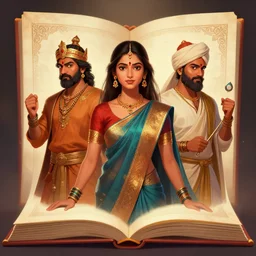 an indian female and three indian male characters summoned from inside a book like genies, trending on artstation, detailed digital art