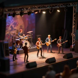 tilt shift focus, close up, miniature new wave band performing on stage, figurines, toy, extreme dof