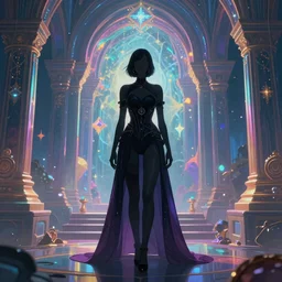 long Shot of psychedelic Black widow standing in mysterious chromatic astral temple  , stylish, lsd, soft, cinematic, artwork by WLOP