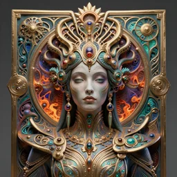 artstation futuristic 3 d model of hyper - detailed!!! beautiful groovypunk queen of fractal magma in full regal attire. face portrait. art nouveau!!!, symbolist, visionary, baroque, giant fractal details. horizontal symmetry, zdzisław beksinski, iris van herpen, raymond swanland and alphonse mucha. hyper - real, beautiful