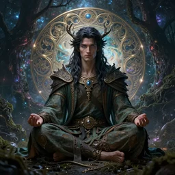 a male druid with dark hair and blue eyes meditating in a nebula forest by greg rutkowski, high key lighting, volumetric light, digital art, highly detailed, fine detail, intricate, ornate, complex, octane render, unreal engine, photorealistic digital painting, artstation, concept art, sharp focus, art by greg rutkowski and alphonse mucha