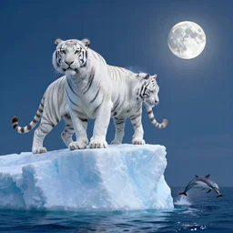 a white tiger with icy texture standing on the top of a iceberg, a dolphin leap out of the ocean in the distance, a silver moon on the right of the sky, in the style of rafael