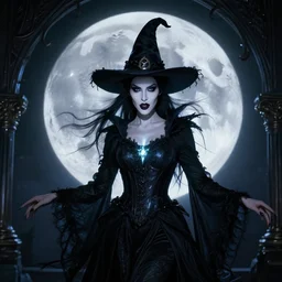 portrait of wicked moon witch, beautiful, attractive, glowing, jaw dropping, magical, dynamic lighting, dark, menacing, 4 k, octane render, age 2 0, background moon, intricate and ornate