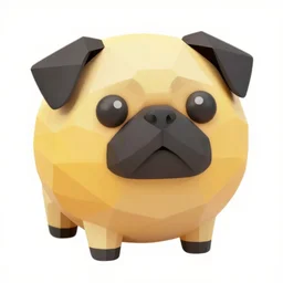 A brightly colored detailed icon of a pug emoji, 3D low poly render, isometric perspective on white background
