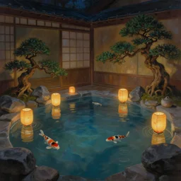 painting of interior of cozy japanese hot spring with floating lanterns and koi fish by greg rutkowski craig mullins bonsai trees volumetric lighting clear focus fantasy dark atmospheric cinematic lighting, trending on artstation